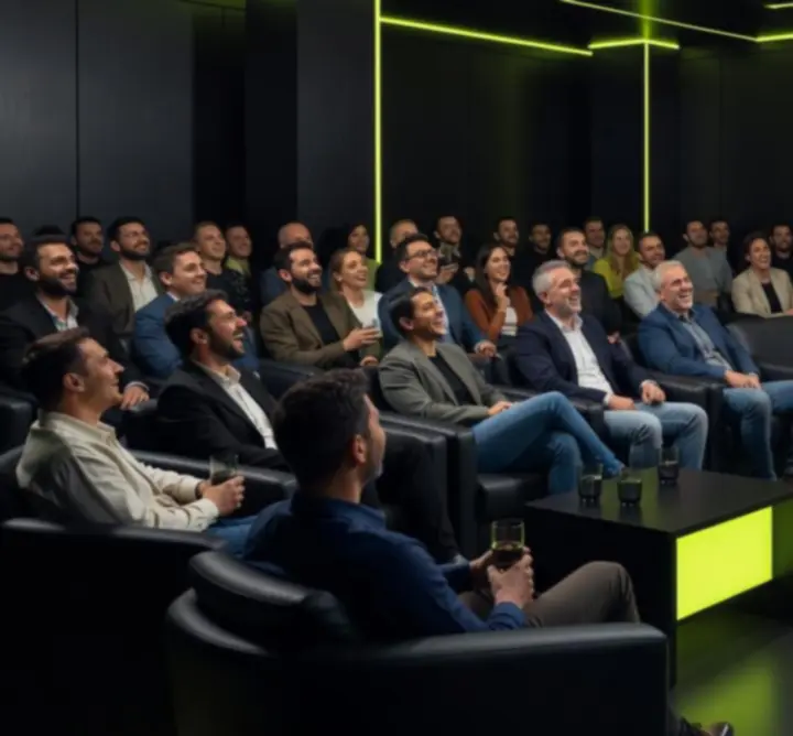 Neonfényes comedy színpad előtt nevető közönség
