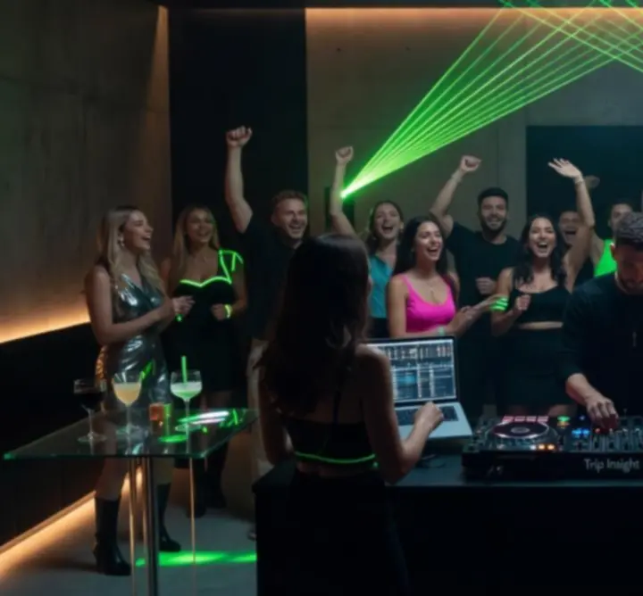 DJ fellépés táncoló közönséggel és fénytechnikával