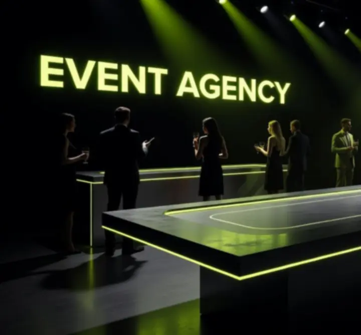 Modern, sötét hangulatú rendezvényhelyszín neon-lime fényekkel, pókerasztalokkal és színpadi megvilágítással