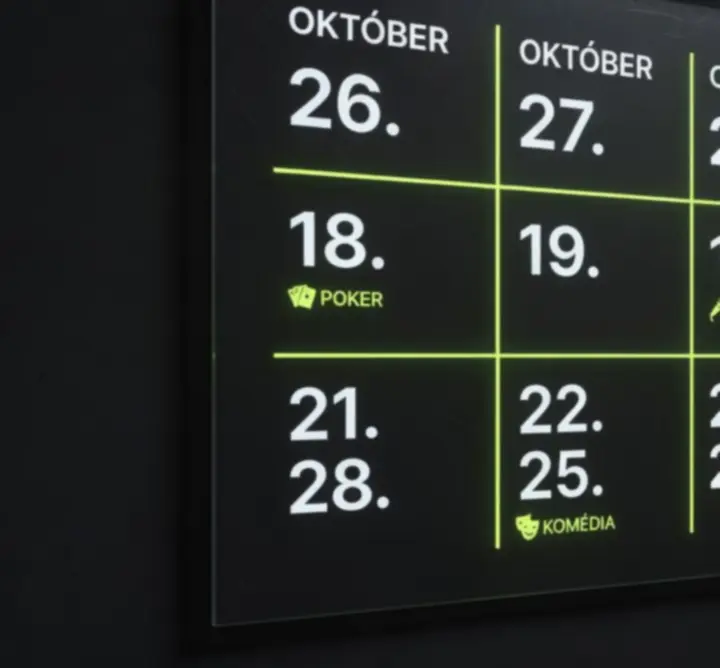 Neon-lime vizuális eseménynaptár-blokk több programkártyával