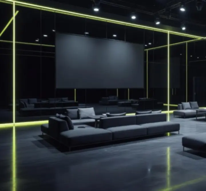 Modern, neon-hangulatú rendezvényterem belső térrel, konferencia és privát esemény számára