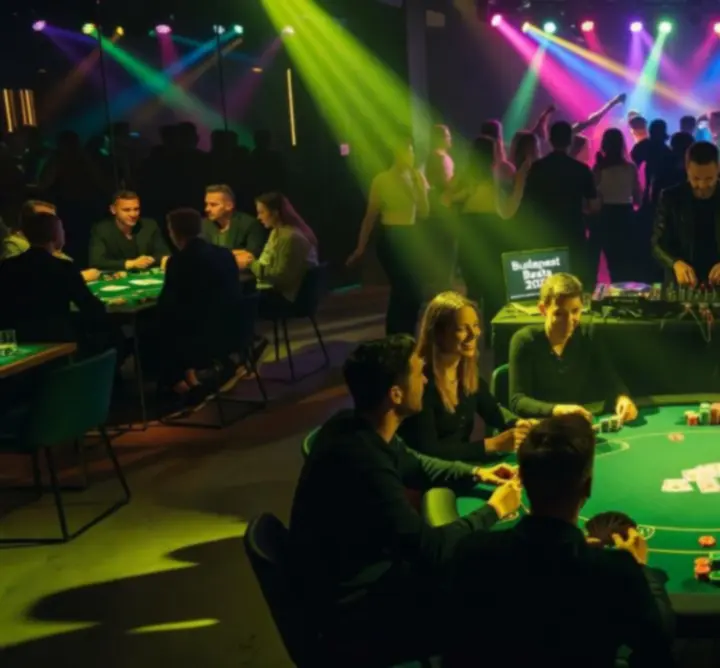 Neonfényes éjszakai party és társasági pókerasztalok hangulata